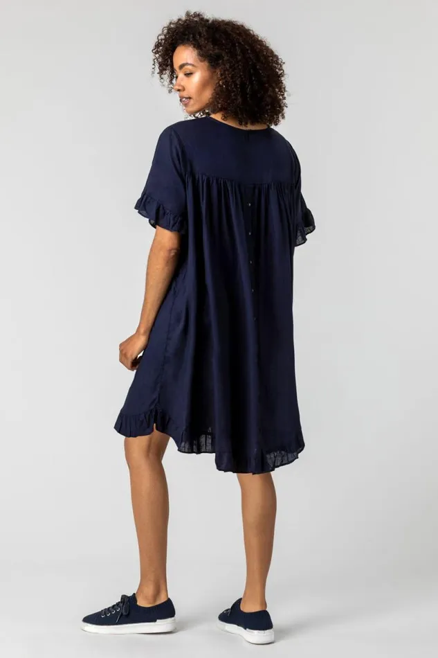 Button Detail Frill Hem Dress Women Roman Dresses