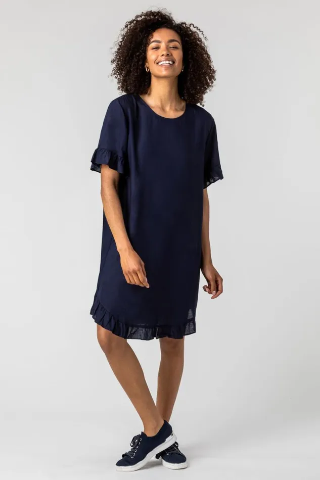 Button Detail Frill Hem Dress Women Roman Dresses