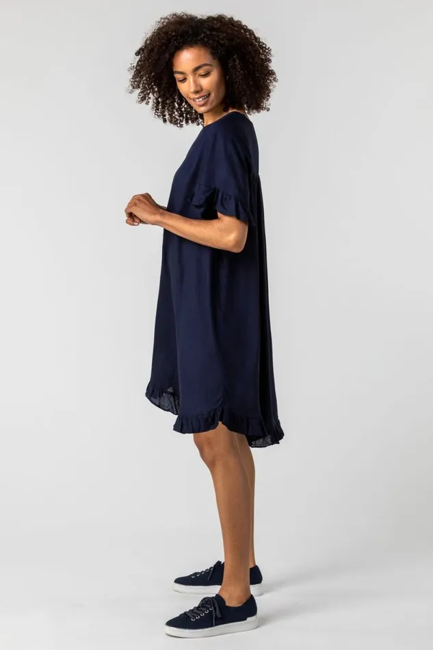Button Detail Frill Hem Dress Women Roman Dresses