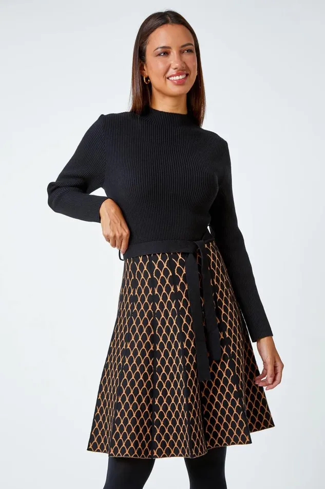 Camel Contrast Skirt Ribbed Jumper Dress Women Roman Dresses