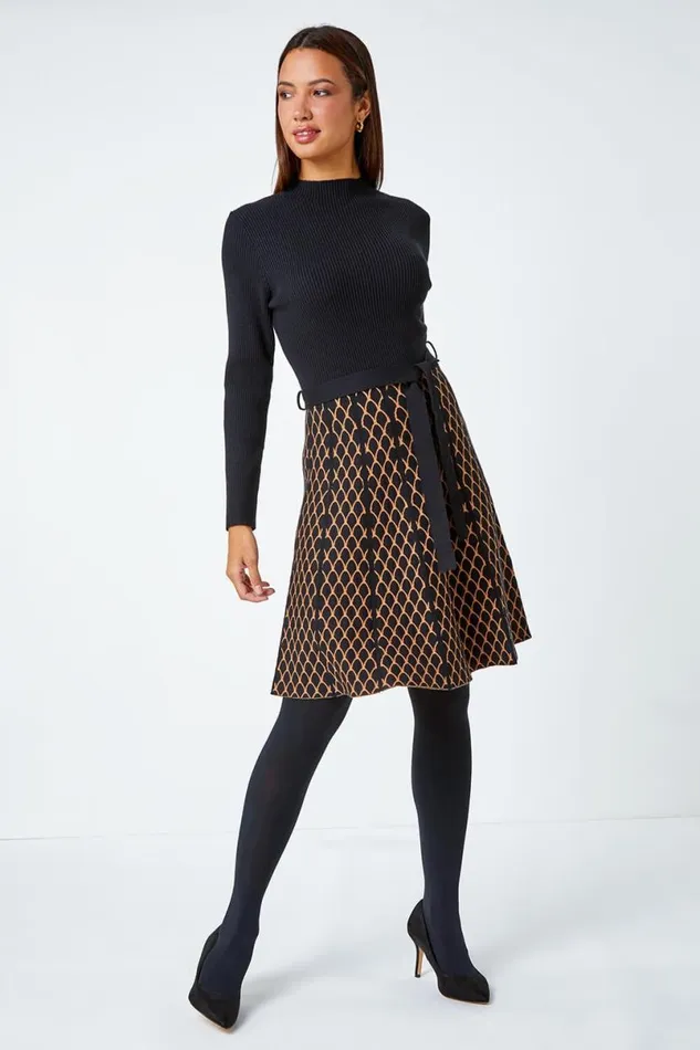 Camel Contrast Skirt Ribbed Jumper Dress Women Roman Dresses
