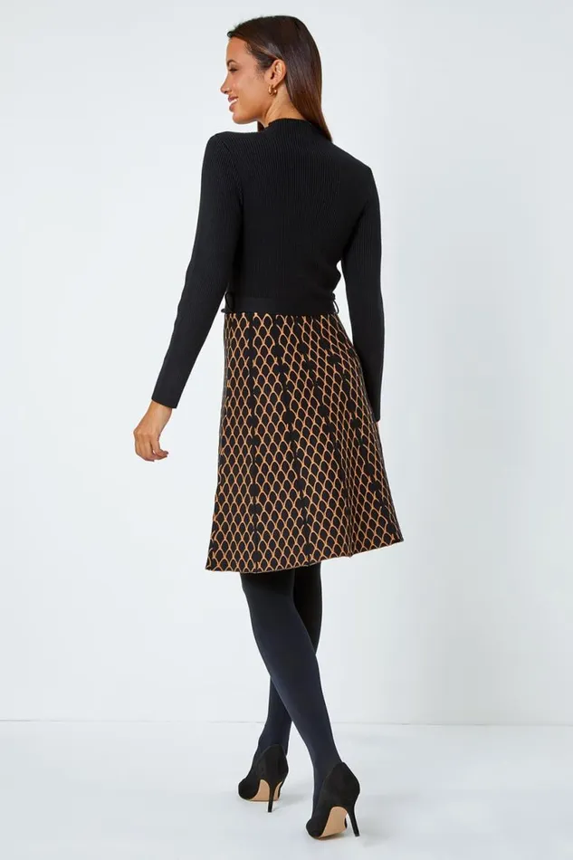 Camel Contrast Skirt Ribbed Jumper Dress Women Roman Dresses