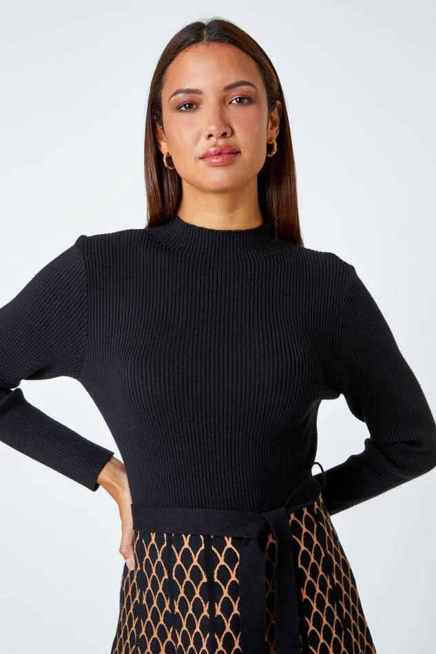 Camel Contrast Skirt Ribbed Jumper Dress Women Roman Dresses