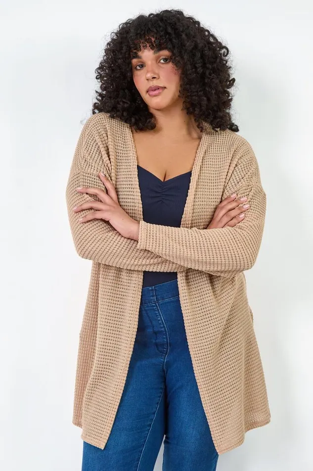Camel Curve Textured Longline Cardigan Women Roman Tops