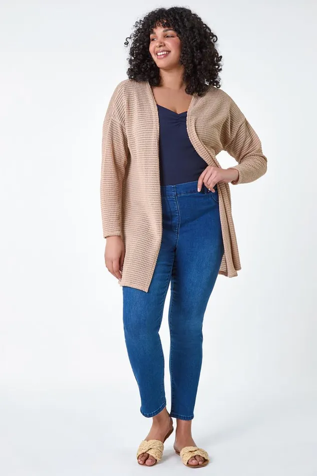 Camel Curve Textured Longline Cardigan Women Roman Tops