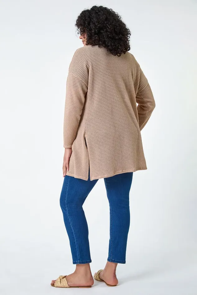 Camel Curve Textured Longline Cardigan Women Roman Tops