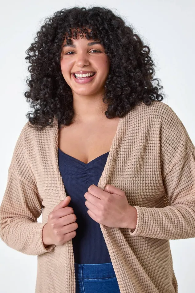 Camel Curve Textured Longline Cardigan Women Roman Tops