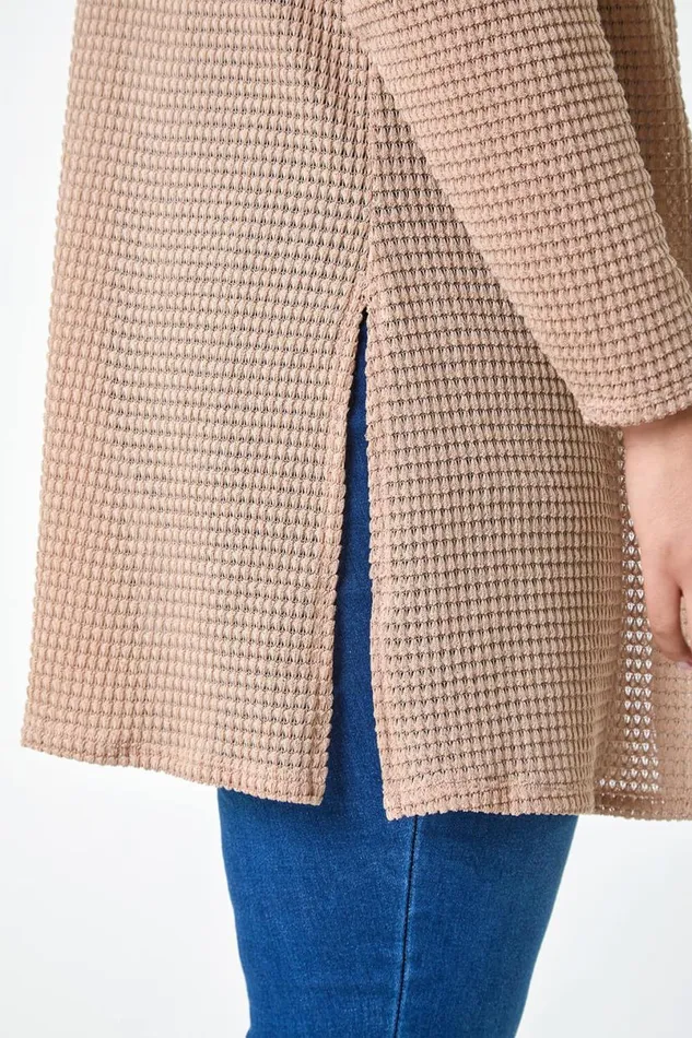Camel Curve Textured Longline Cardigan Women Roman Tops