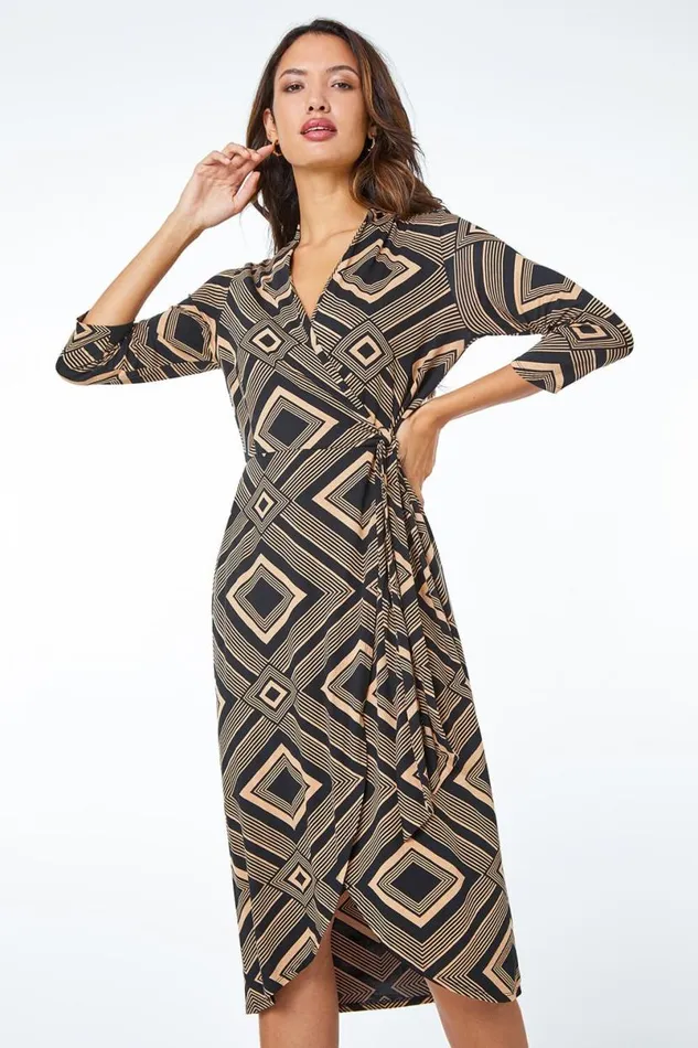 Camel Geometric Wrap Midi Stretch Dress Women Roman Dresses