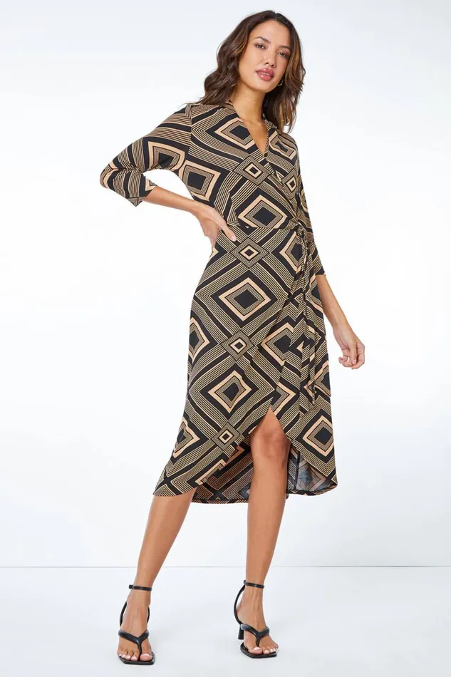Camel Geometric Wrap Midi Stretch Dress Women Roman Dresses