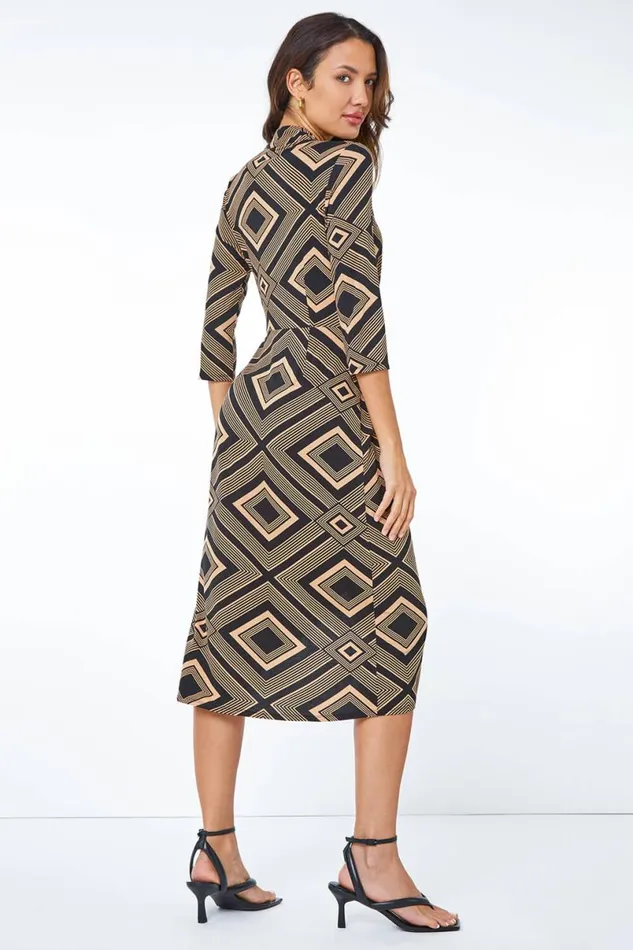 Camel Geometric Wrap Midi Stretch Dress Women Roman Dresses