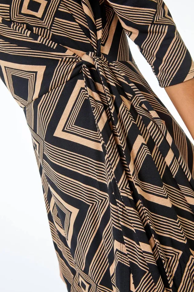 Camel Geometric Wrap Midi Stretch Dress Women Roman Dresses