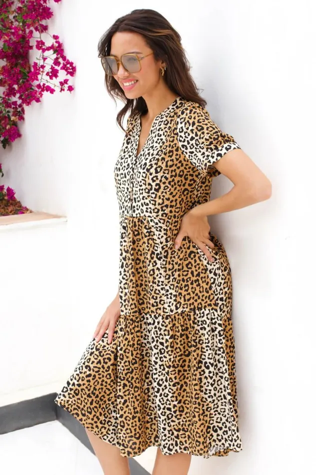 Camel Leopard Print Tiered Midi Dress Women Roman Dresses