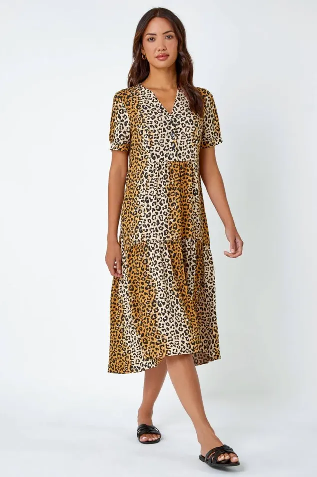 Camel Leopard Print Tiered Midi Dress Women Roman Dresses