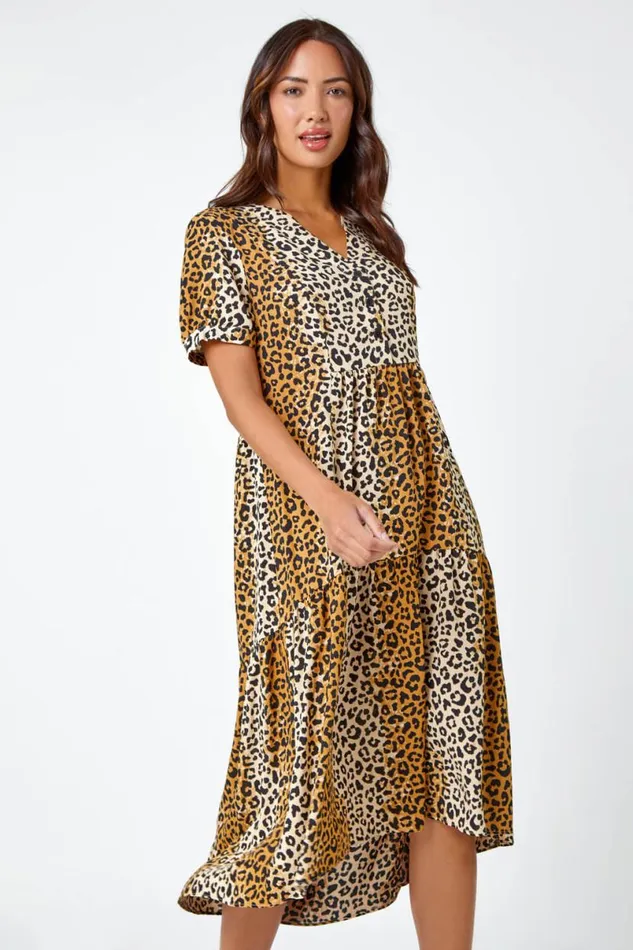 Camel Leopard Print Tiered Midi Dress Women Roman Dresses
