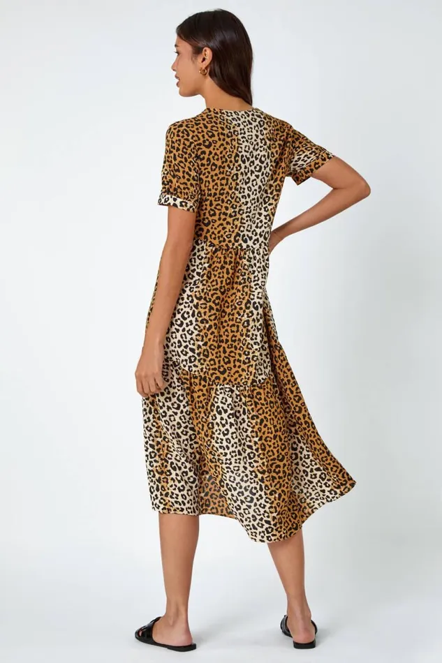Camel Leopard Print Tiered Midi Dress Women Roman Dresses