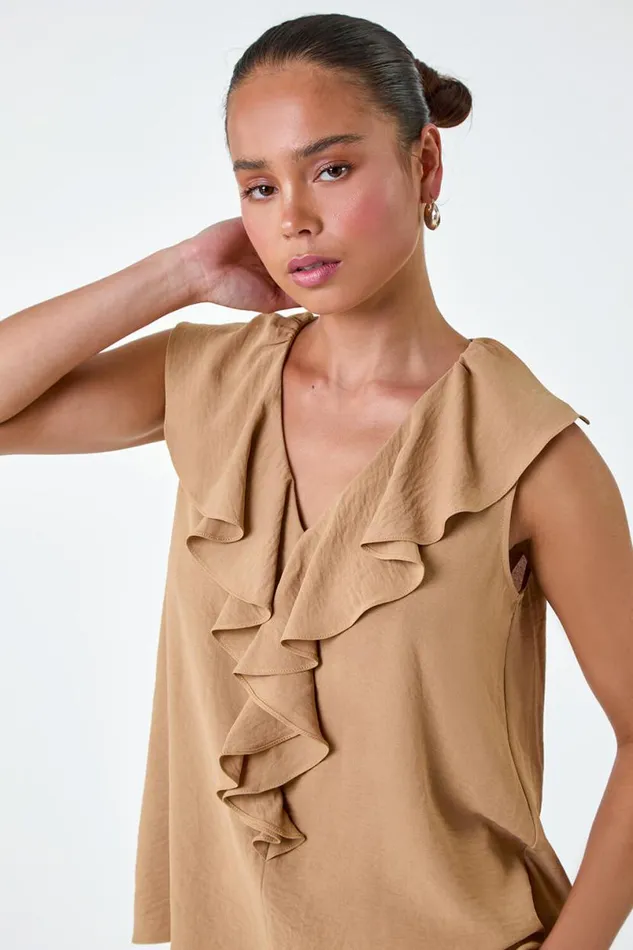 Camel Petite Frill Front Vest Top Women Roman Tops