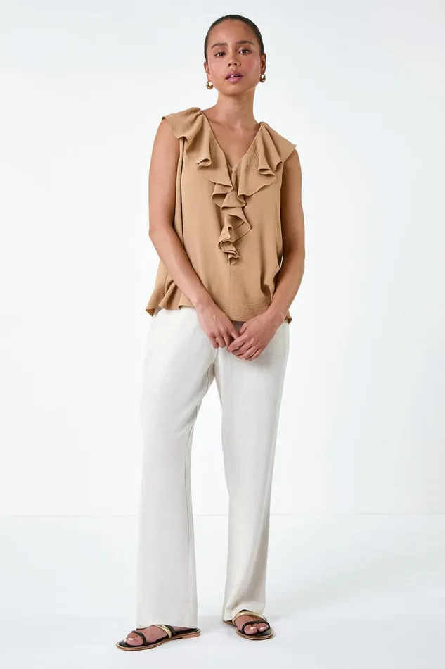 Camel Petite Frill Front Vest Top Women Roman Tops