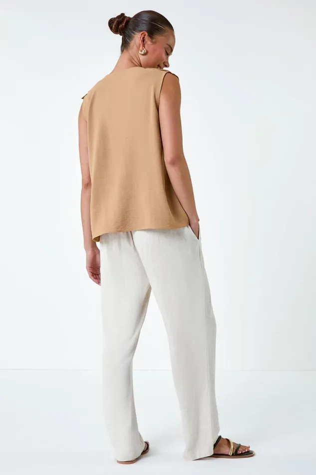 Camel Petite Frill Front Vest Top Women Roman Tops