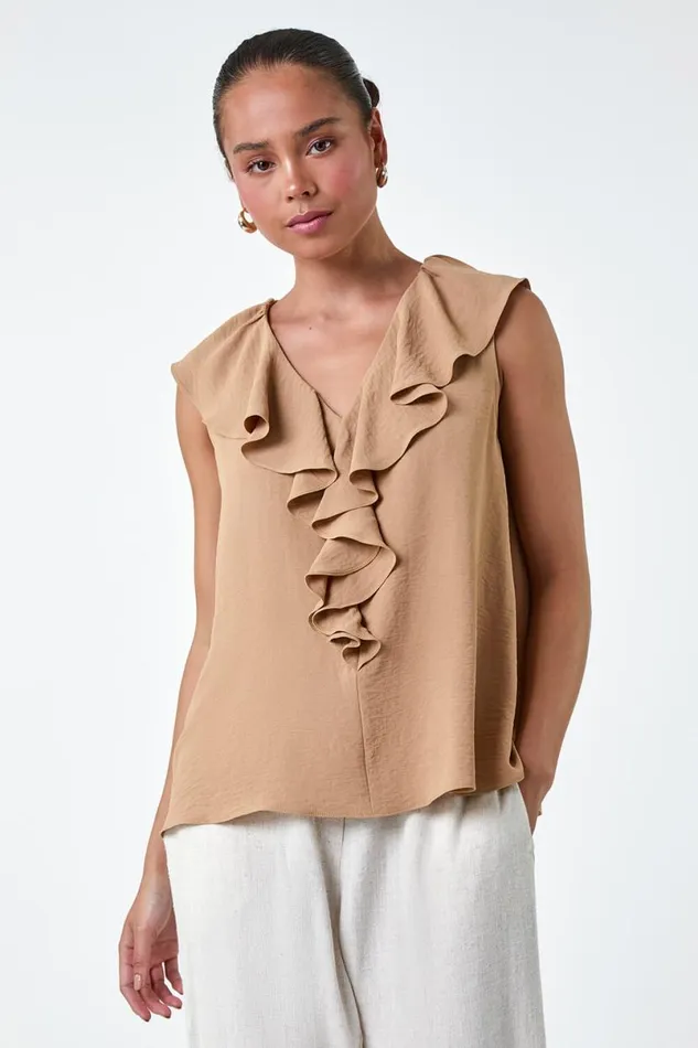 Camel Petite Frill Front Vest Top Women Roman Tops