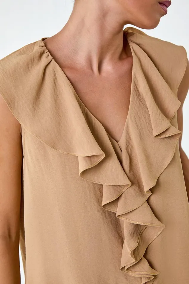 Camel Petite Frill Front Vest Top Women Roman Tops