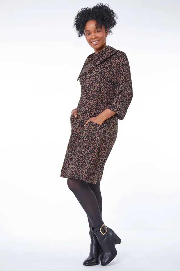 Camel Petite Split Neck Animal Mini Dress Women Roman Dresses