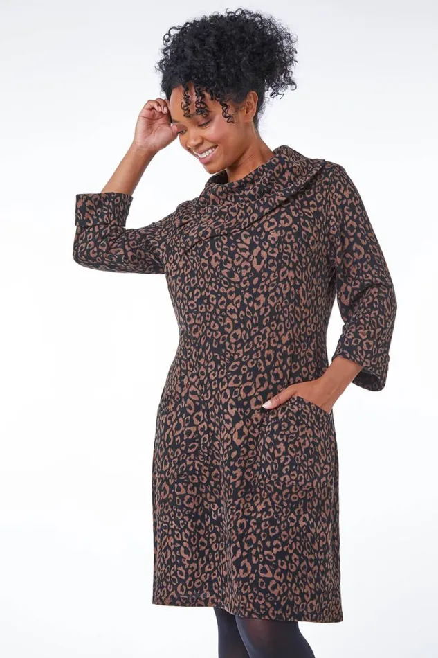 Camel Petite Split Neck Animal Mini Dress Women Roman Dresses