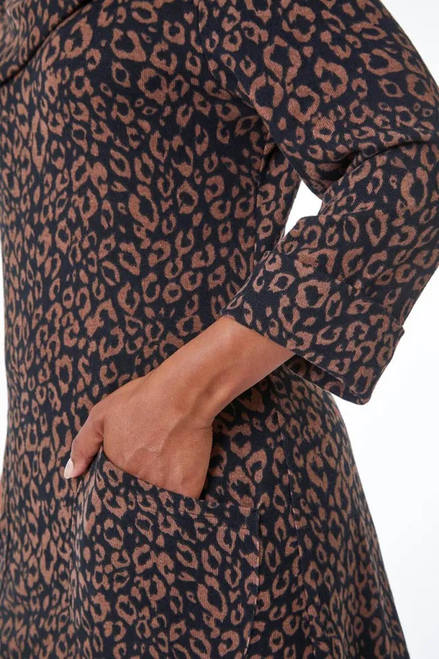 Camel Petite Split Neck Animal Mini Dress Women Roman Dresses