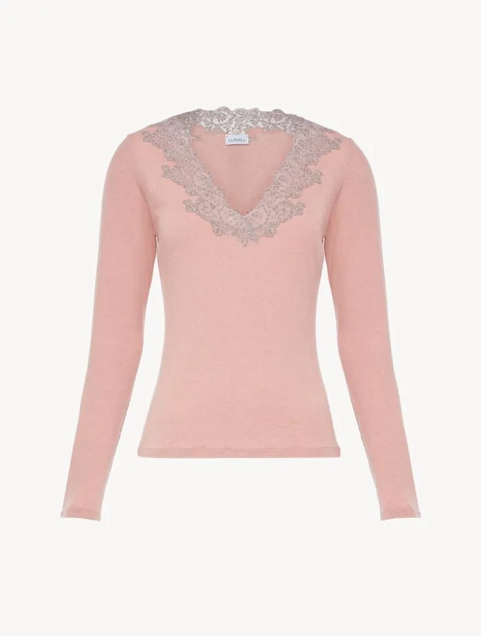 Cashmere Blend Ribbed Longsleeved Top In Blush Clay With Frastaglio Sleepwear La Perla Pajamas Cashmere Blend Ribbed Longsleeved Top In Blush Clay With Frastaglio Sleepwear La Perla Pajamas