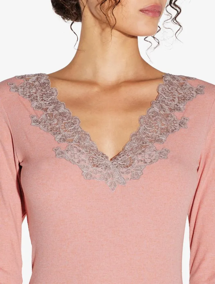 Cashmere Blend Ribbed Longsleeved Top In Blush Clay With Frastaglio Sleepwear La Perla Pajamas