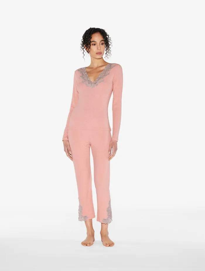 Cashmere Blend Ribbed Longsleeved Top In Blush Clay With Frastaglio Sleepwear La Perla Pajamas