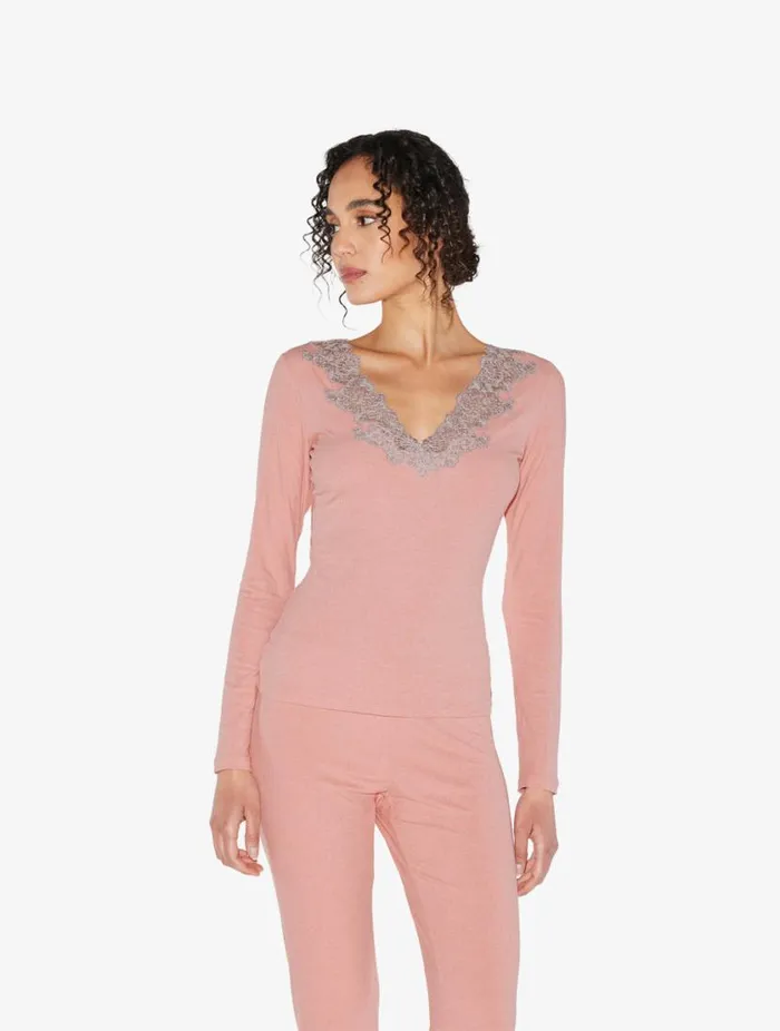 Cashmere Blend Ribbed Longsleeved Top In Blush Clay With Frastaglio Sleepwear La Perla Pajamas