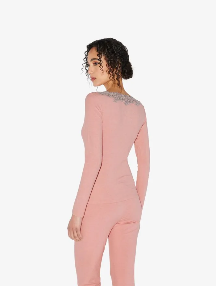 Cashmere Blend Ribbed Longsleeved Top In Blush Clay With Frastaglio Sleepwear La Perla Pajamas