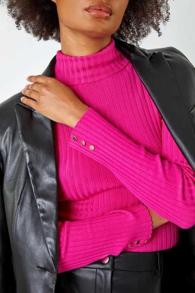 Cerise Ribbed Turtle Neck Jumper Women Roman Tops