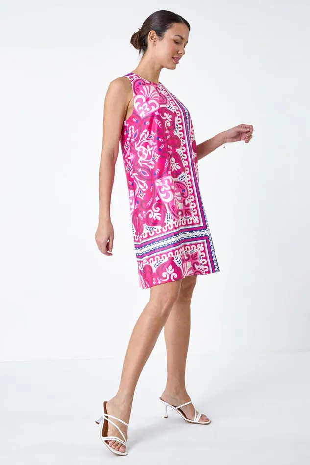 Cerise Scarf Print Satin Feel Shift Dress Women Roman Dresses