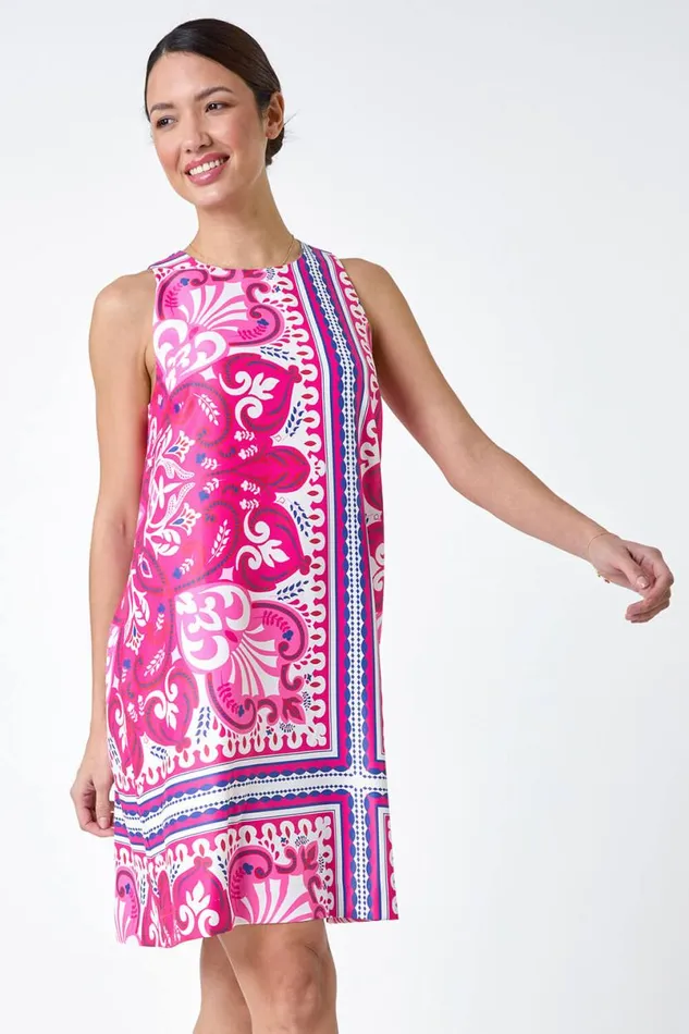 Cerise Scarf Print Satin Feel Shift Dress Women Roman Dresses
