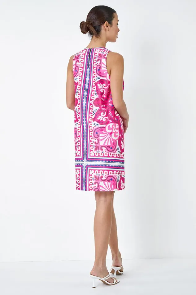 Cerise Scarf Print Satin Feel Shift Dress Women Roman Dresses