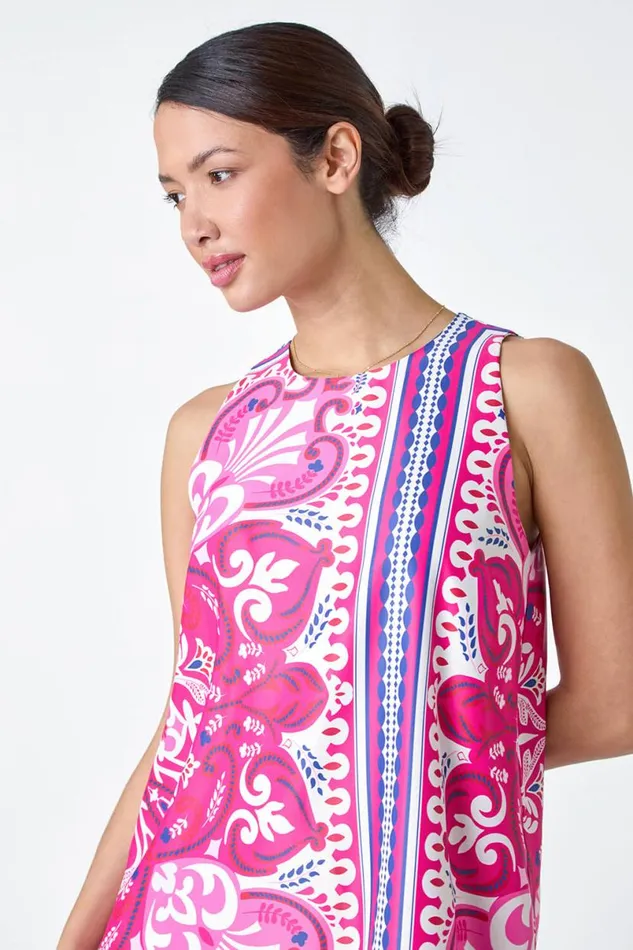 Cerise Scarf Print Satin Feel Shift Dress Women Roman Dresses
