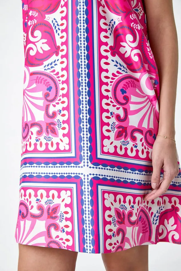Cerise Scarf Print Satin Feel Shift Dress Women Roman Dresses