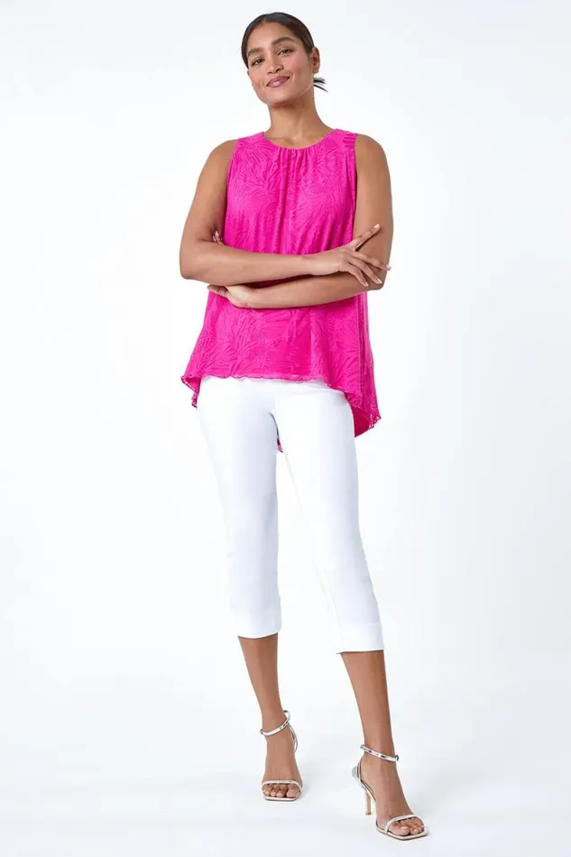 Cerise Sleeveless Textured Burnout Print Top Women Roman Tops