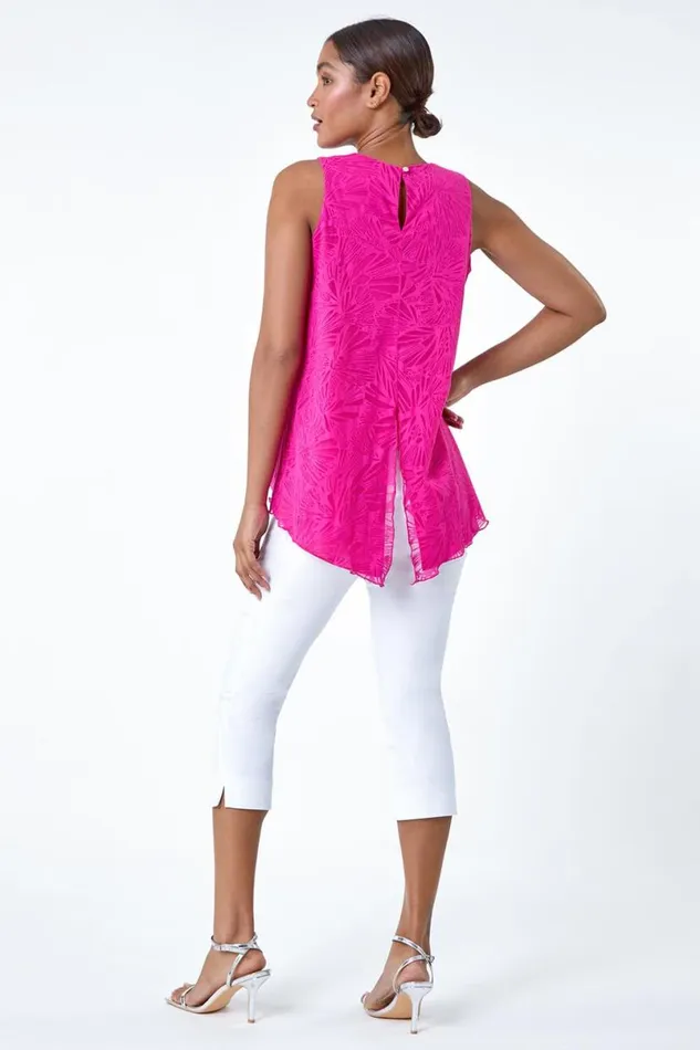 Cerise Sleeveless Textured Burnout Print Top Women Roman Tops