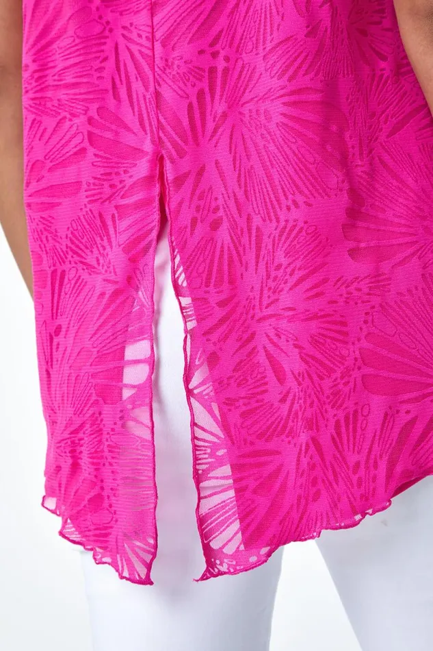 Cerise Sleeveless Textured Burnout Print Top Women Roman Tops