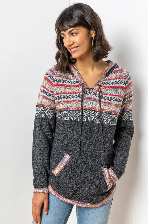 Charcoal Nordic Print Hooded VNeck Jumper Women Roman Knitwear