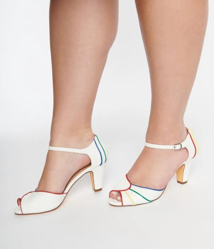 Chelsea Crew White and Rainbow Piping Larisa Heels Shoes Unique Vintage Heels