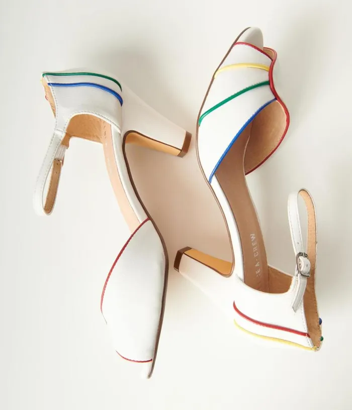 Chelsea Crew White and Rainbow Piping Larisa Heels Shoes Unique Vintage Heels