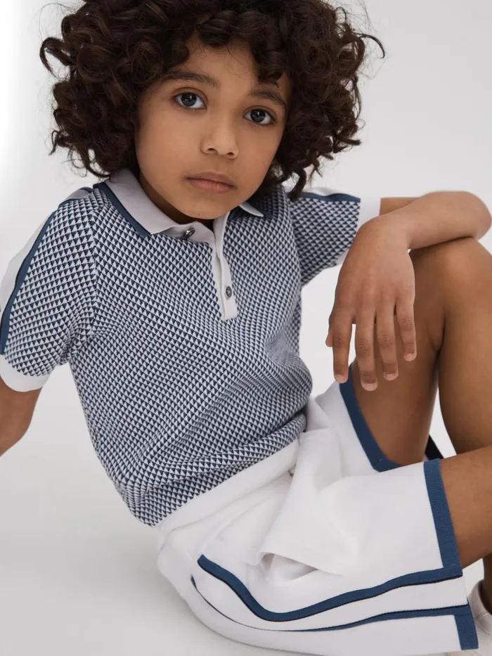 Children Reiss CoOrds Brunswick Geometric Design Knitted Polo Shirt Blue