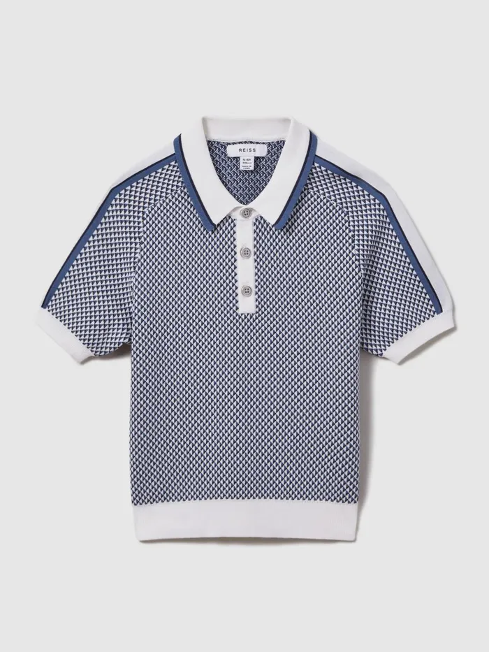 Children Reiss CoOrds Brunswick Geometric Design Knitted Polo Shirt Blue
