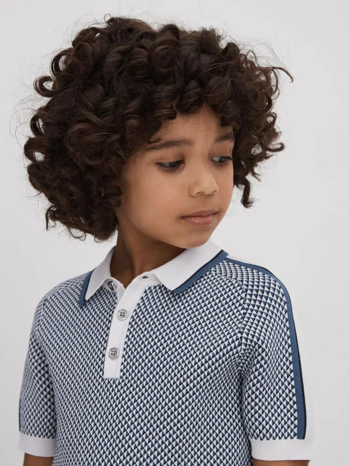 Children Reiss CoOrds Brunswick Geometric Design Knitted Polo Shirt Blue