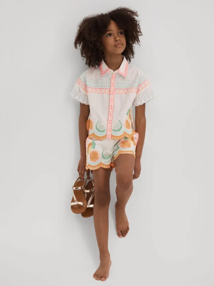 Children Reiss CoOrds Cesca Cotton Broderie Shorts Ivory Print
