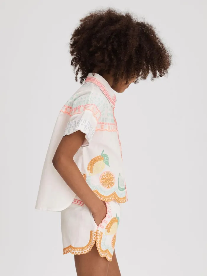 Children Reiss CoOrds Cesca Cotton Broderie Shorts Ivory Print